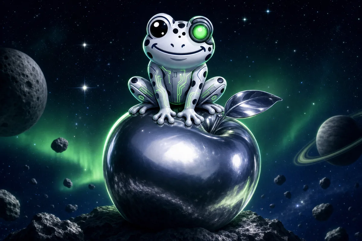 The Artificial Frog sitting on a giant silver apple in space