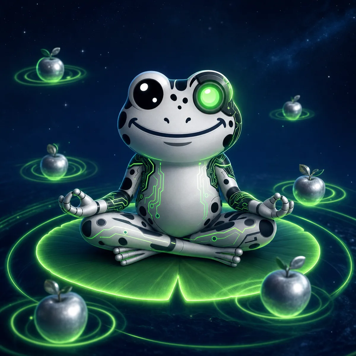 The Artificial Frog meditating on a glowing lily pad among floating apples